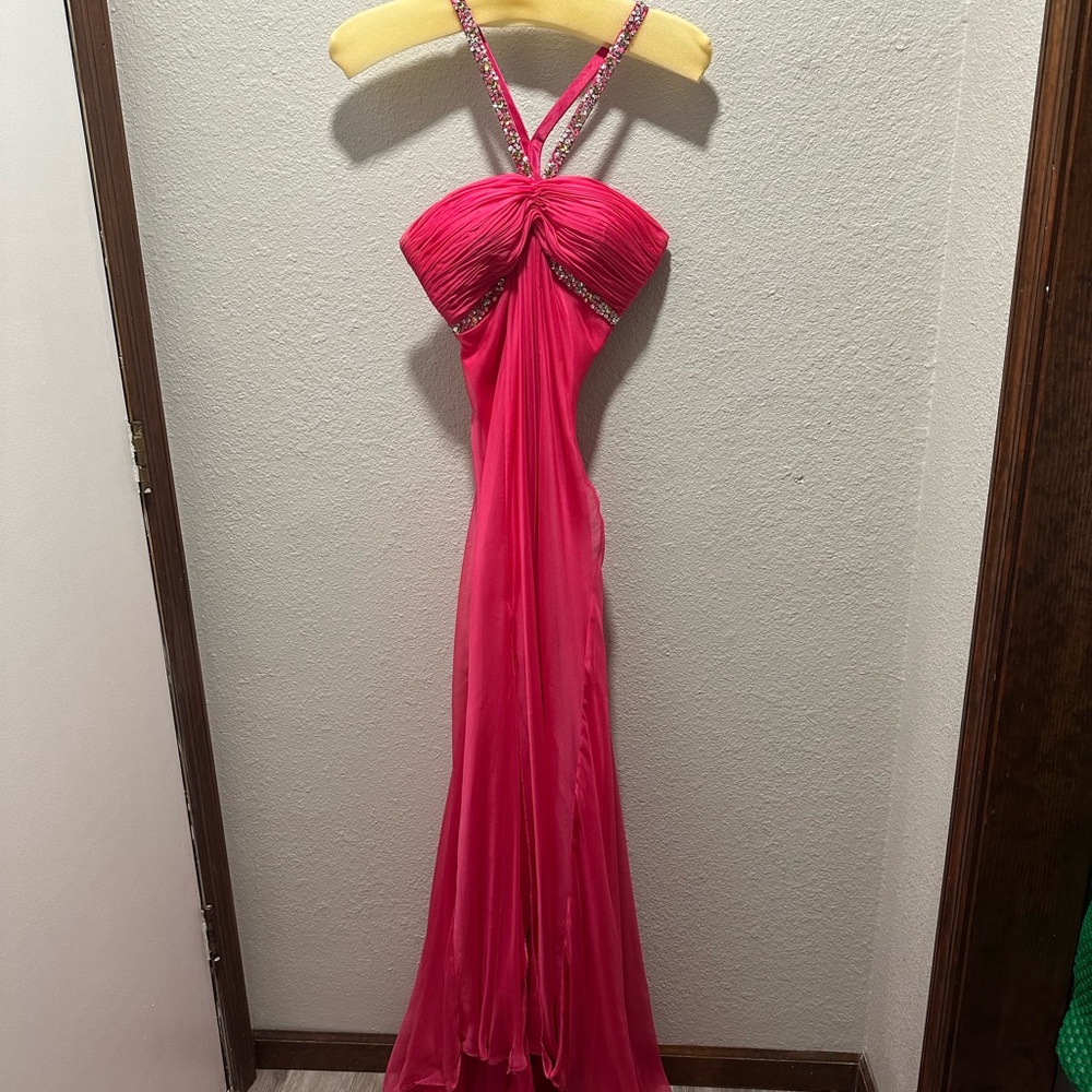 La Femme Fuchsia Sequin Embellished Prom Gown Dress